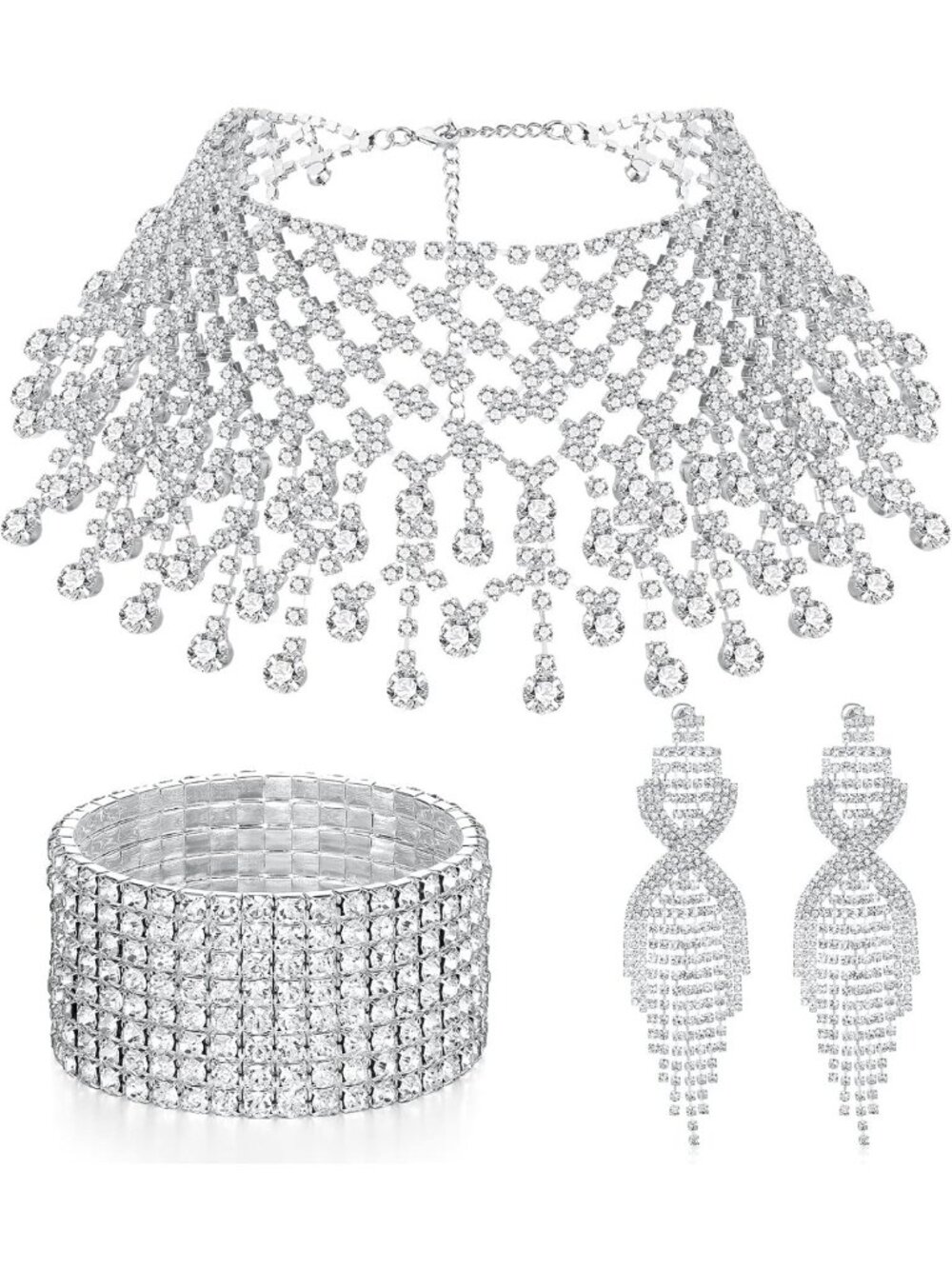 Elegant Crystal Jewelry Set - Bridal Rhinestone Choker, Bracelets & Dangle